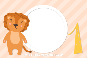 Moldura Álbum do Bebê - Leãozinho 1 Mês Leãozinho, número 1 amarelo, moldura circular, fundo listrado laranja.
