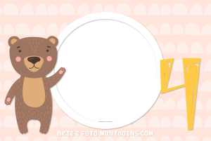 Moldura Álbum do Bebê - Ursinho 4 Meses Ursinho marrom, número 4 amarelo, moldura circular, fundo rosa formas.