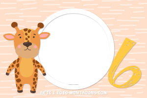Moldura Álbum do Bebê - Girafinha 6 Meses Girafinha, número 6 amarelo, moldura circular, fundo rosa listras.