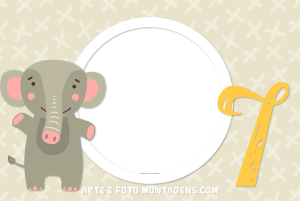 Moldura Álbum do Bebê - Elefantinho 7 Meses Elefantinho cinza, número 7 amarelo, moldura circular, fundo bege cruzes.