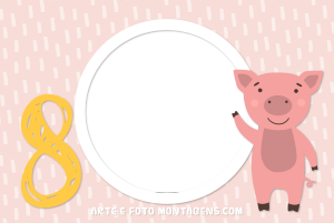 Moldura Álbum do Bebê - Porquinho 8 Meses Porquinho rosa, número 8 amarelo, moldura circular, fundo rosa traços.