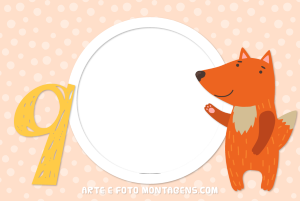 Moldura Álbum do Bebê - Rapozinha 9 Meses Raposinha laranja, número 9 amarelo, moldura circular, fundo bege poá.