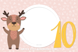 Moldura Álbum do Bebê - Alce 10 Meses Alce marrom, número 10 amarelo, moldura circular, fundo rosa triângulos.