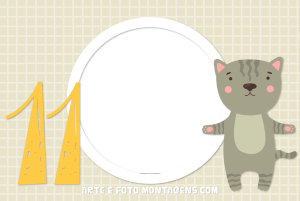 Moldura Álbum do Bebê - Gatinho 11 Meses Gatinho cinza, número 11 amarelo, moldura circular, fundo bege grade.
