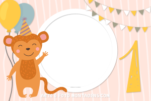 Moldura Álbum do Bebê - Macaquinho 1 Ano Aniversário Macaquinho chapéu festa, número 1 amarelo, balões, bandeirolas, moldura circular, fundo listrado rosa.