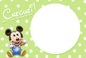 Moldura Álbum do Bebê - Mickey Recém-Nascido Mickey bebê, 'Cheguei!', moldura circular, fundo verde poá.