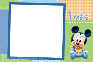 Moldura Álbum do Bebê - Mickey 1 Mês Mickey bebê, texto '1 MÊS', moldura quadrada azul, fundo patchwork colorido.