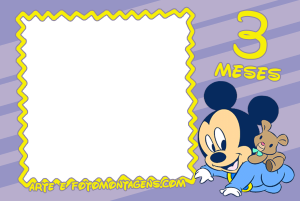 Moldura Álbum do Bebê - Mickey 3 Meses Mickey bebê ursinho, texto '3 MESES', moldura amarela serrilhada, fundo lilás listras.
