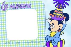 Moldura Álbum do Bebê - Mickey 6 Meses Mickey bebê chapéu festa, presente, texto '6 MESES', moldura quadrada, fundo xadrez verde.