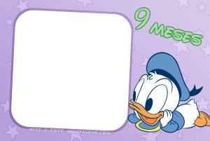 Moldura Álbum do Bebê - Mickey 9 Meses Pato Donald bebê, texto '9 MESES', moldura quadrada, fundo lilás estrelas.