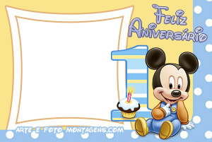 Moldura Álbum do Bebê - Mickey 1 Ano Aniversário Mickey bebê, 'Feliz Aniversário', número 1, cupcake, moldura quadrada, fundo amarelo azul poá.