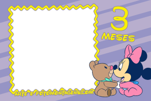 Moldura Álbum do Bebê - Minnie 3 Meses Minnie bebê ursinho, texto '3 MESES', moldura amarela serrilhada, fundo lilás listras.