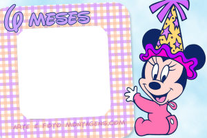 Moldura Álbum do Bebê - Minnie 6 Meses Minnie bebê chapéu festa, texto '6 MESES', moldura quadrada, fundo xadrez lilás.