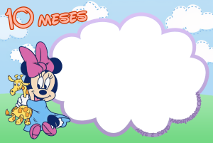 Moldura Álbum do Bebê - Minnie 10 Meses Minnie bebê, girafinha, texto '10 MESES', moldura nuvem, fundo céu grama.