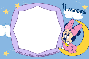 Moldura Álbum do Bebê - Minnie 11 Meses Minnie bebê lua, texto '11 MESES', moldura octogonal, fundo azul estrelas nuvens.