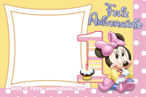 Moldura Álbum do Bebê - Minnie 1 Ano Aniversário Minnie bebê, 'Feliz Aniversário', número 1, cupcake, moldura quadrada, fundo amarelo rosa poá.
