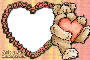 Moldura Amor - Urso Abraçando Coração Urso pelúcia abraçando coração, moldura fofa, fundo rosa poá.