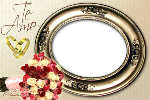 Moldura Amor - Alianças Buquê Frase "Te amo", alianças, buquê noiva, moldura dourada vintage.