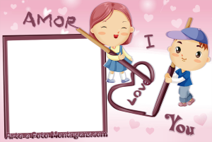 Moldura Amor - I Love You Texto 'I Love You', corações, moldura moderna, fundo rosa.