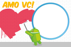 Moldura Amor - Android Coração Amo Você Robô Android, coração 'Amo Vc', moldura tecnológica, fundo muro branco.