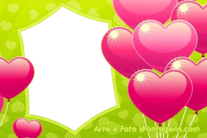 Moldura Amor - Balões Corações Balões rosa formato coração, fundo verde.