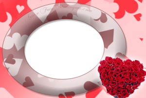 Moldura Amor - Buquê Rosas Coração Buquê rosas, moldura oval, fundo vermelho estampado de corações.