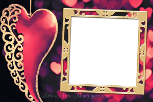 Moldura Amor - Coração Moldura Dourado Coração vermelho com ornamento dourado, moldura dourada ornamentada, fundo preto com corações vermelhos.