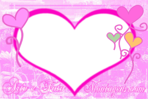 Moldura Amor - Coração moldura no formato de coração rosa, balões de coração coloridos, fundo rosa.