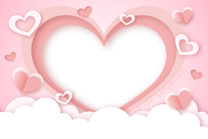 Moldura Amor - Coração em Camadas Moldura romântica rosa estilo papel cortado, com coração central vazado para foto, decorada com corações menores e nuvens.