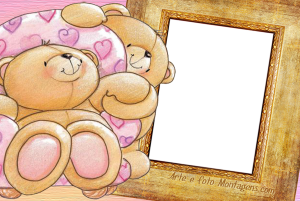 Moldura Amor - Forever Friends Ursos Forever Friends abraçados, poltrona de corações, moldura rústica.