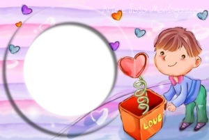 Moldura Amor - Menino Romântico Menino entregando caixa surpresa com um coração pulando.