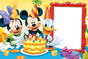 Moldura Comemorativa - Aniversário Disney Mickey Mickey Mouse, Minnie, Pato Donald, mesa com bolo de aniversário, moldura vermelha, fundo amarelo.