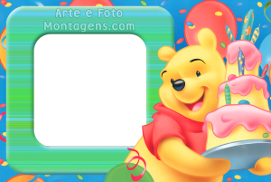 Moldura Comemorativa - Aniversário Pooh Ursinho Pooh, bolo, balões, moldura verde, fundo azul.