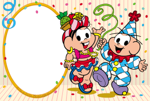 Moldura Comemorativa - Carnaval Mônica Cebolinha Mônica e Cebolinha fantasiados carnaval, confetes, serpentinas, moldura oval amarela.