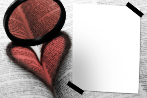 Moldura Comemorativa - Dia dos Namorados Coração Livro Coração, livro aberto, lupa vermelha.