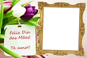 Moldura Comemorativa - Dia das Mães Flores com Cartão Flores, cartão 'Feliz Dia das Mães', moldura retangular vintage, fundo rosa.