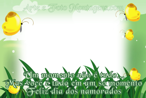 Moldura Comemorativa - Dia dos Namorados Jardim Jardim, borboletas amarelas, fundo verde.