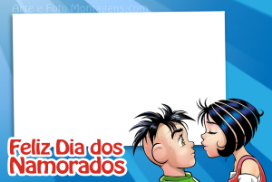 Moldura Comemorativa - Dia dos Namorados Mônica Jovem Mônica e Cebola (Turma da Mônica Jovem), frase 'Feliz Dia dos Namorados', fundo azul listrado.