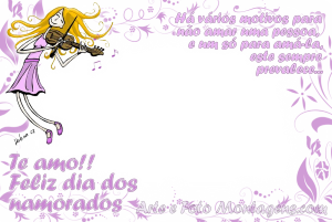 Moldura Comemorativa - Dia dos Namorados Violino Menina tocando violino, texto lilás e fundo branco.