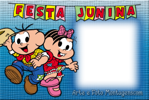 Moldura Comemorativa - Festa Junina Mônica Mônica e Cebolinha caipiras, bandeirinhas, fundo palha azul.