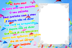 Moldura Comemorativa - Festa Junina Pezinho Moldura de festa junina com trecho de música e céu com bandeirinhas de fundo.