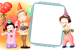 Moldura Comemorativa - Aniversário 1 Pessoas com bexigas e bolo comemorando aniversário.