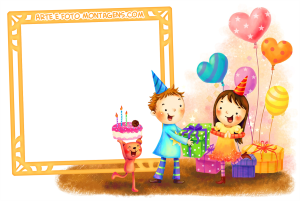 Moldura Comemorativa - Aniversário 2 Menino e menina com bolo e bexigas comemorando aniversário, moldura amarela e fundo branco.