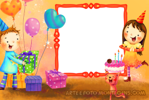 Moldura Comemorativa - Aniversário 3 Menino e menina com bolo e bexigas comemorando aniversário, moldura vermelha e fundo laranja.