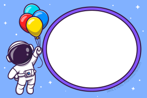 Moldura Comemorativa - Aniversário Astronauta Astronauta segurando bexigas e voando, estrelas, moldura roxa oval, fundo céu azul claro estrelado.