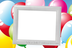 Moldura Comemorativa - Aniversário Balões Balões coloridos no fundo e moldura retangular branca.
