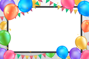 Moldura Comemorativa - Aniversário Bexigas Confete Bexigas e bandeirinhas coloridas, moldura preta e fundo cinza claro.