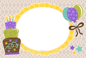 Moldura Comemorativa - Aniversário Bolo Balões Bolo aniversário e bexigas estilo sticker, moldura oval amarela, fundo rosê.