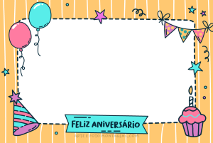 Moldura Comemorativa - Aniversário Doodle Desenhos doodle aniversário (bolo cupcake, chapéu, balões), moldura retangular, fundo amarelo.