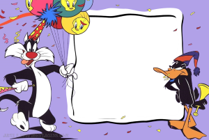 Moldura Comemorativa - Aniversário Looney Tunes Patolino e Frajola, moldura branca fundo lilás.